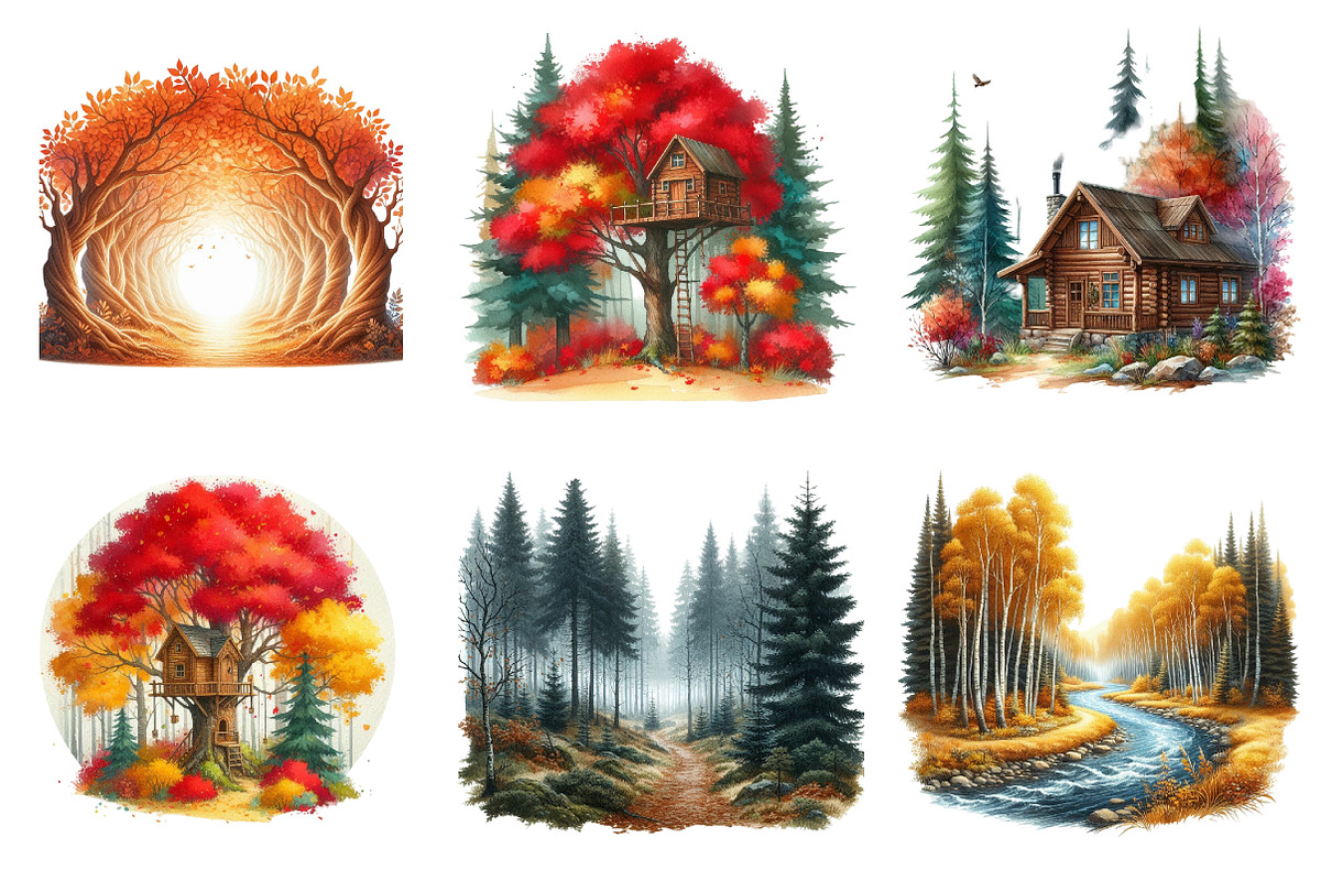 Watercolor Autumn Landscapes Clipart, a Seasonal Illustration by DreamArtGraphic (Photo 2 of 3)