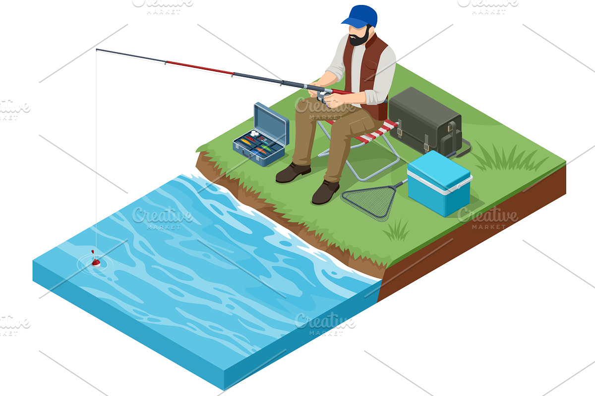 Isometric man fishing by the, a Person Illustration by Golden Sikorka