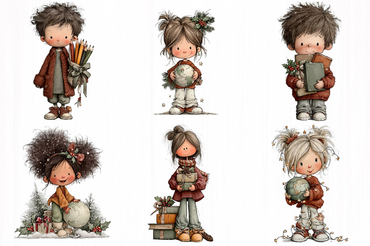Christmas Cute School Kids Clipart, an Object Illustration by DreamCafeArt (Photo 3 of 6)