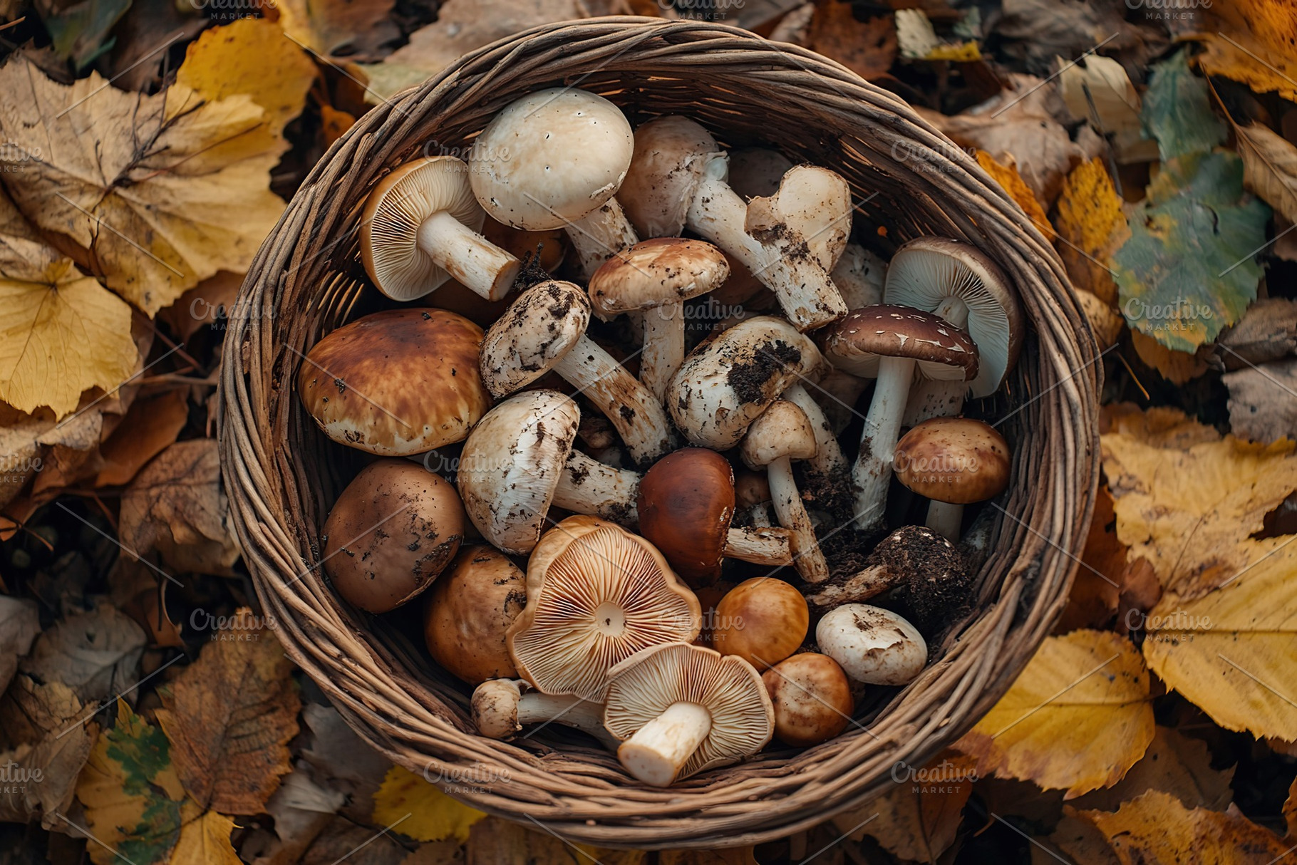 Ripe wild mushrooms in basket, a Food & Drink Photo by AlyaAnd