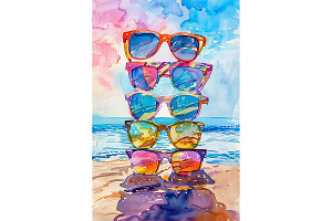 Stacked Sunglasses Ocean View Art, an Animal Illustration by Art Paradise Studios