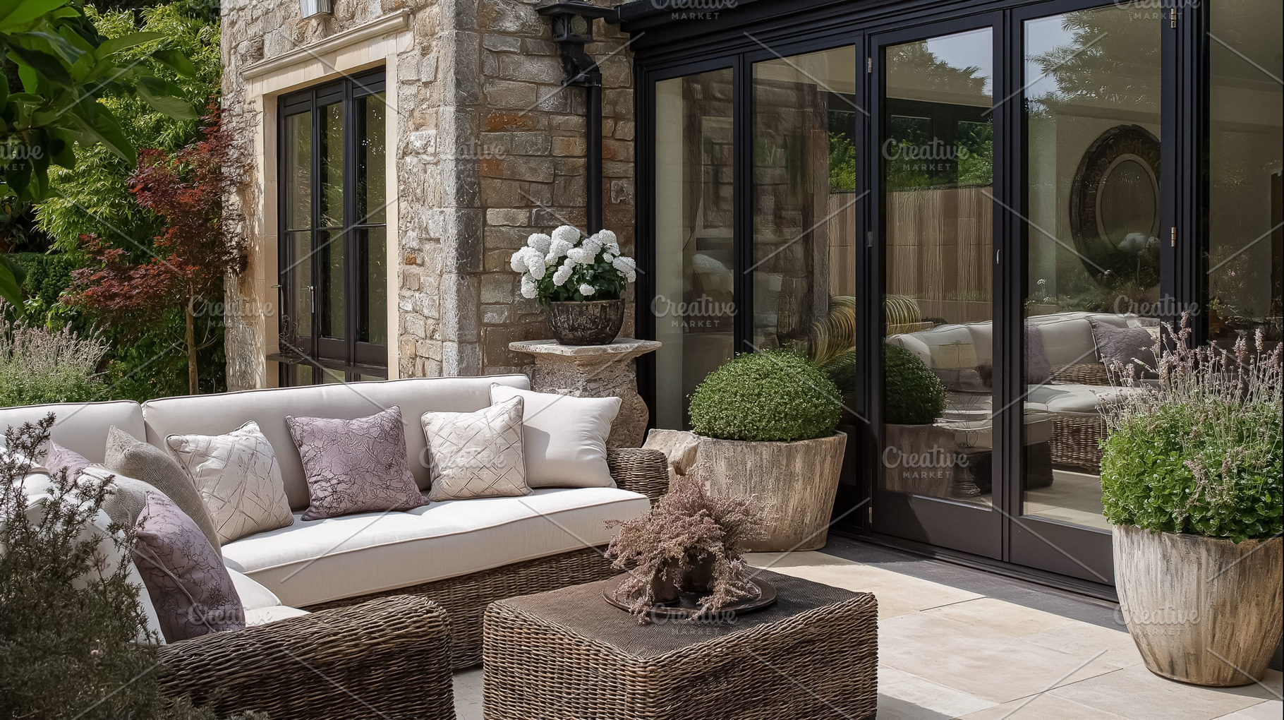 Outdoor patio lounge area featuring comfortable wicker furniture, decorative pl, an Architecture Photo by Studio ANNA
