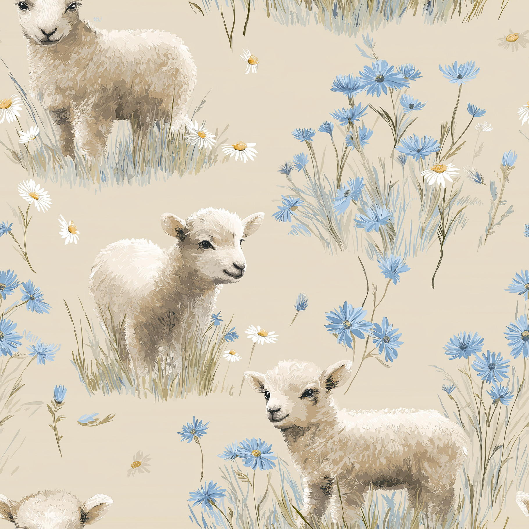 Seamless pattern, lambs playing in a spring meadow with cornflow, a ...