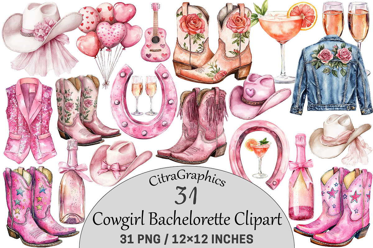 Cowgirl Bachelorette Clipart, a Seasonal Illustration by CitraGraphics (Photo 1 of 7)