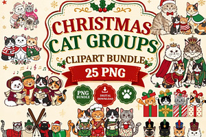 Christmas Cat Groups Clipart Bundle, a Seasonal Illustration by Tanya Kart