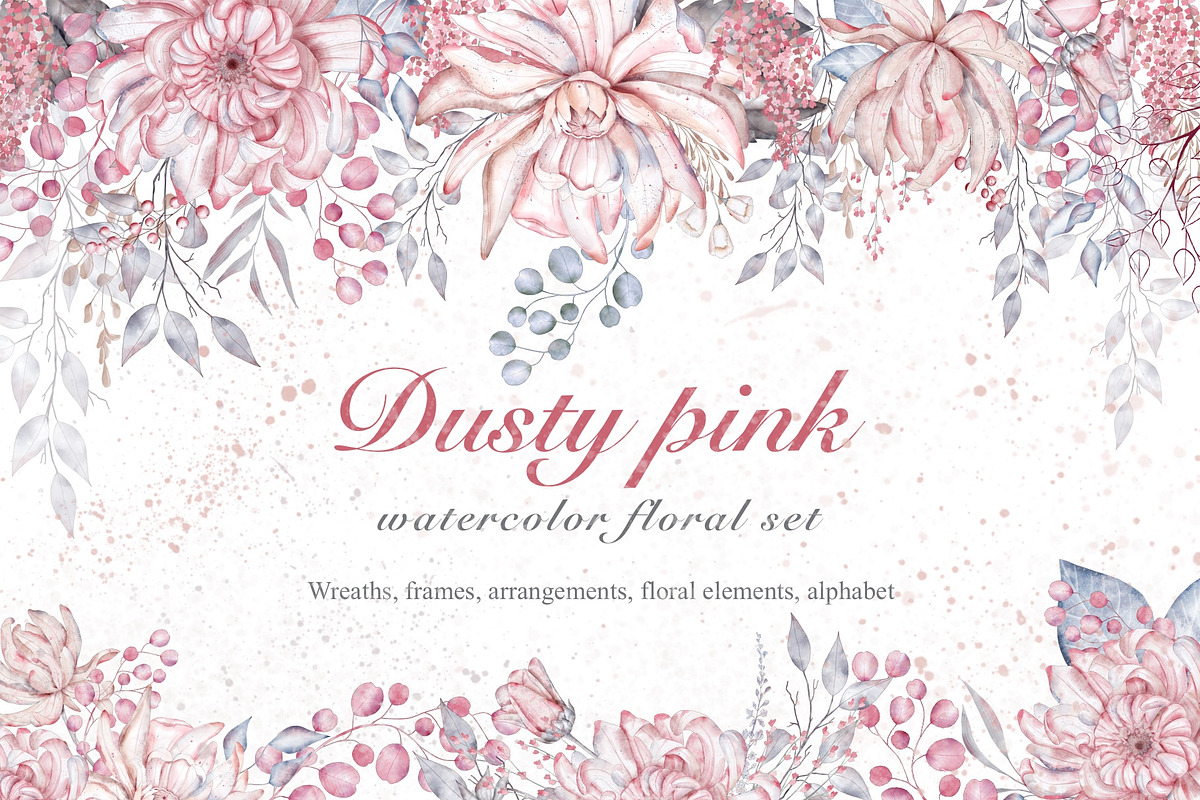 Dusty pink watercolor floral set, a Graphic by TatiArti (Photo 1 of 12)