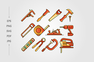 set of carpenter tool cartoon icon, an Outline Icon by lawoel