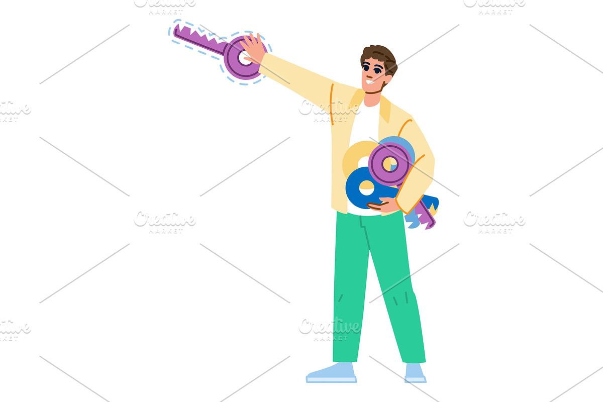 Man holding many keys and choosing, a Finance Illustration by pikepicture