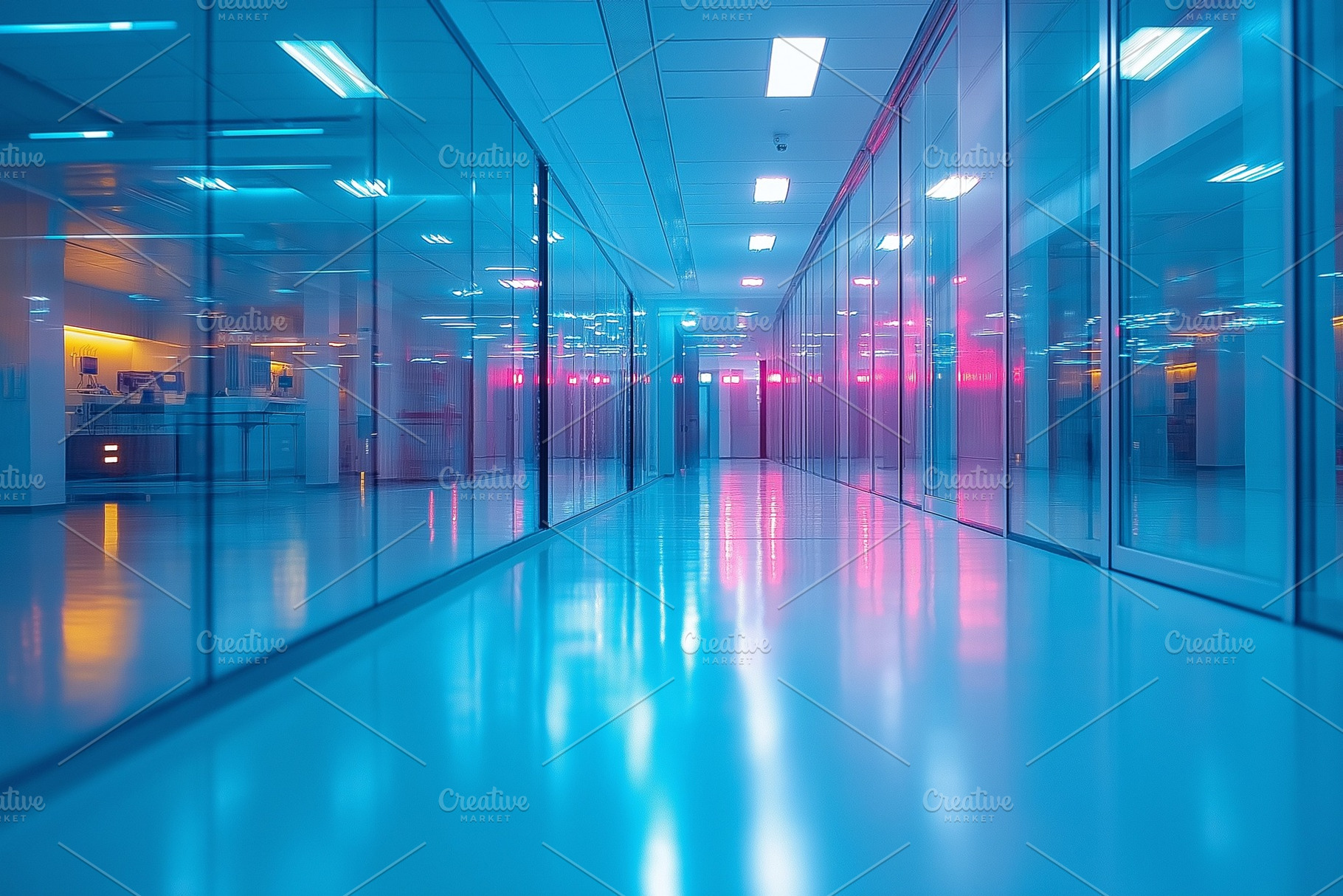 Futuristic corridor with illuminated glass walls reflecting vibrant blue and pi, a Background Photo by ImageMir