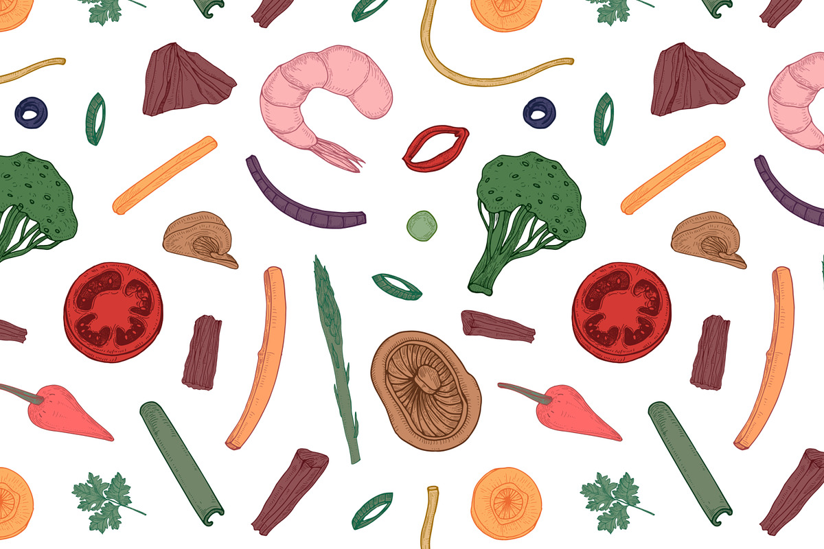 Wok food cards, seamless patterns, a Food Illustration by Good Studio (Photo 8 of 13)