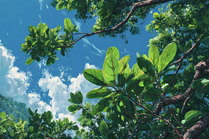 Lush green leaves against a vibrant, a Photo by Pixeness Studio