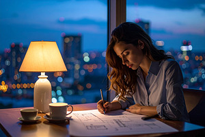 Architect sketching blueprint at nighttime, a Business Photo by DanFLCreativo