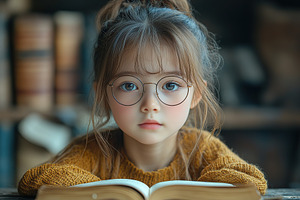 Little asian girl sitting in school library and reading book, a Photo by AlyaAnd