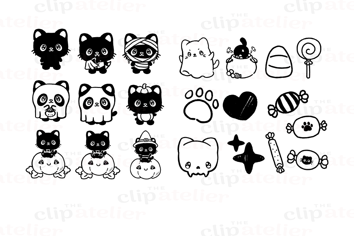 Kawaii Black Cat Line Art, a Seasonal Illustration by TheClipAtelier (Photo 2 of 3)