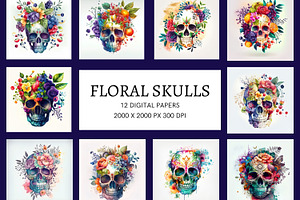 Watercolor Floral Skulls Pack