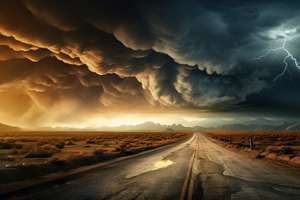 Dirty road in desert during storm, o