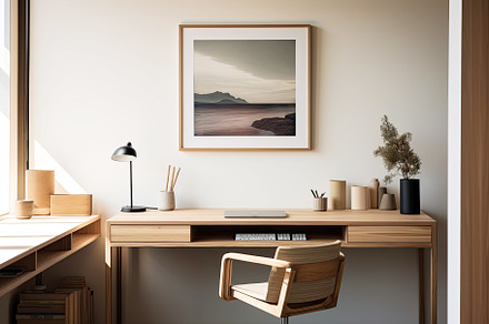 Wooden desk in a minimalist office space, with an mix of professional and perso, a Photo by zakiroff