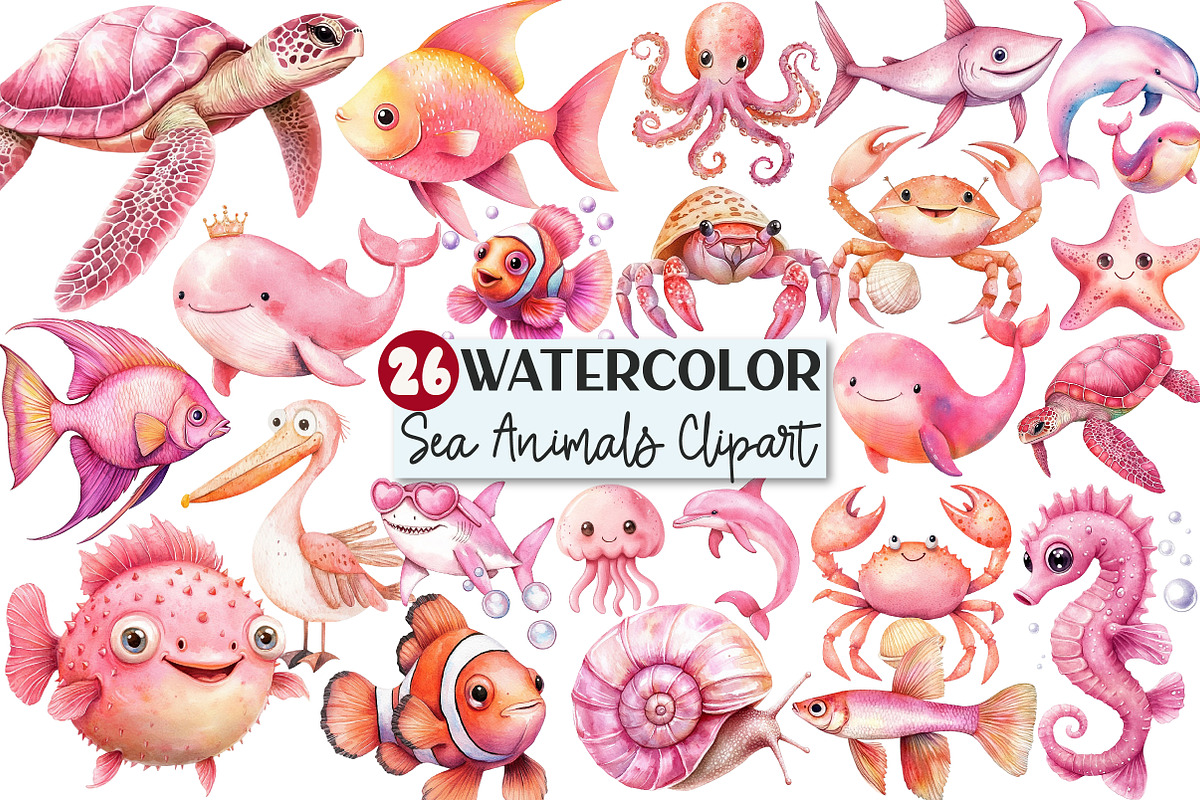 Watercolor Sea Animals Clipart, an Illustration by Rose Art (Photo 1 of 4)