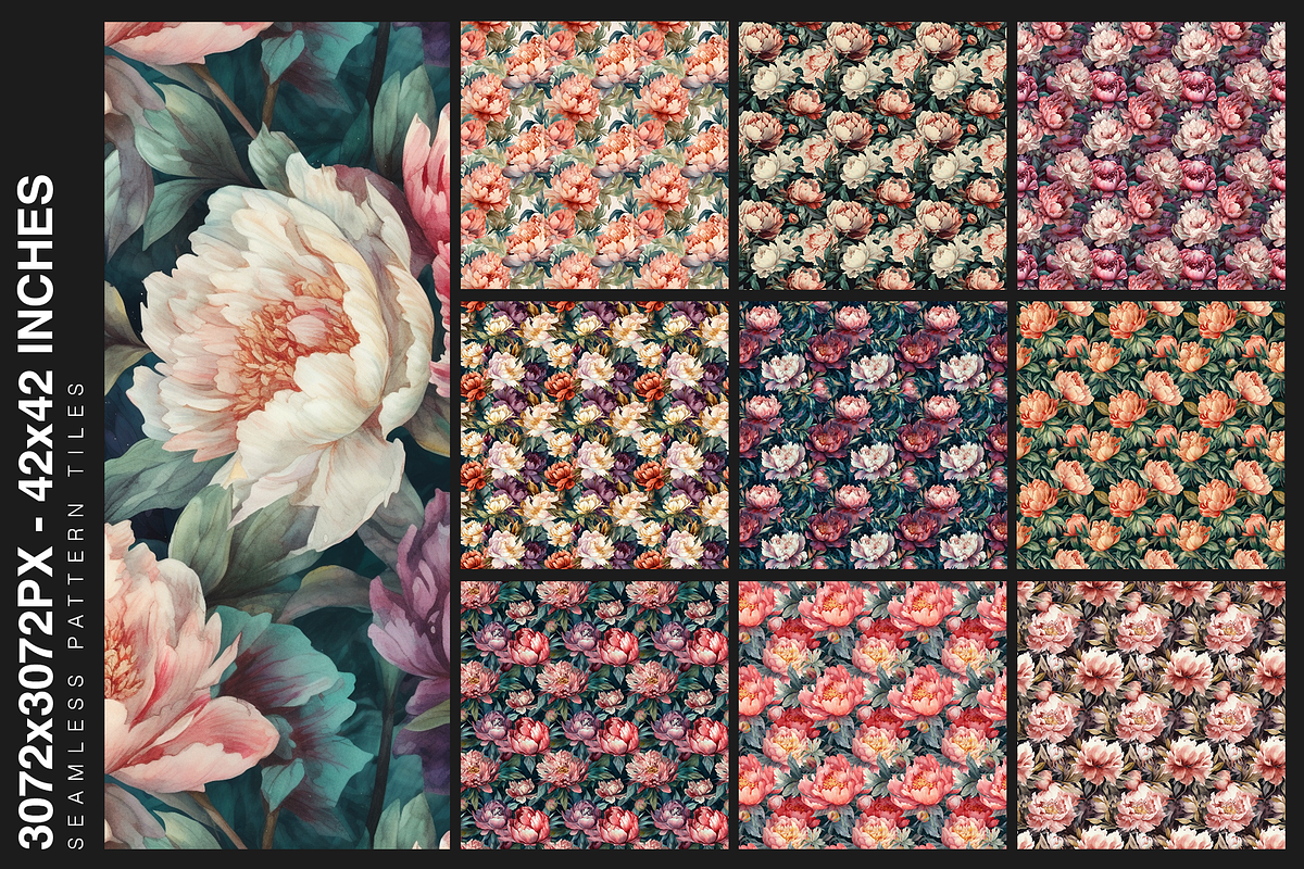 10 Watercolor Peonies Patterns, a Pattern Graphic by Motifs (Photo 12 of 12)