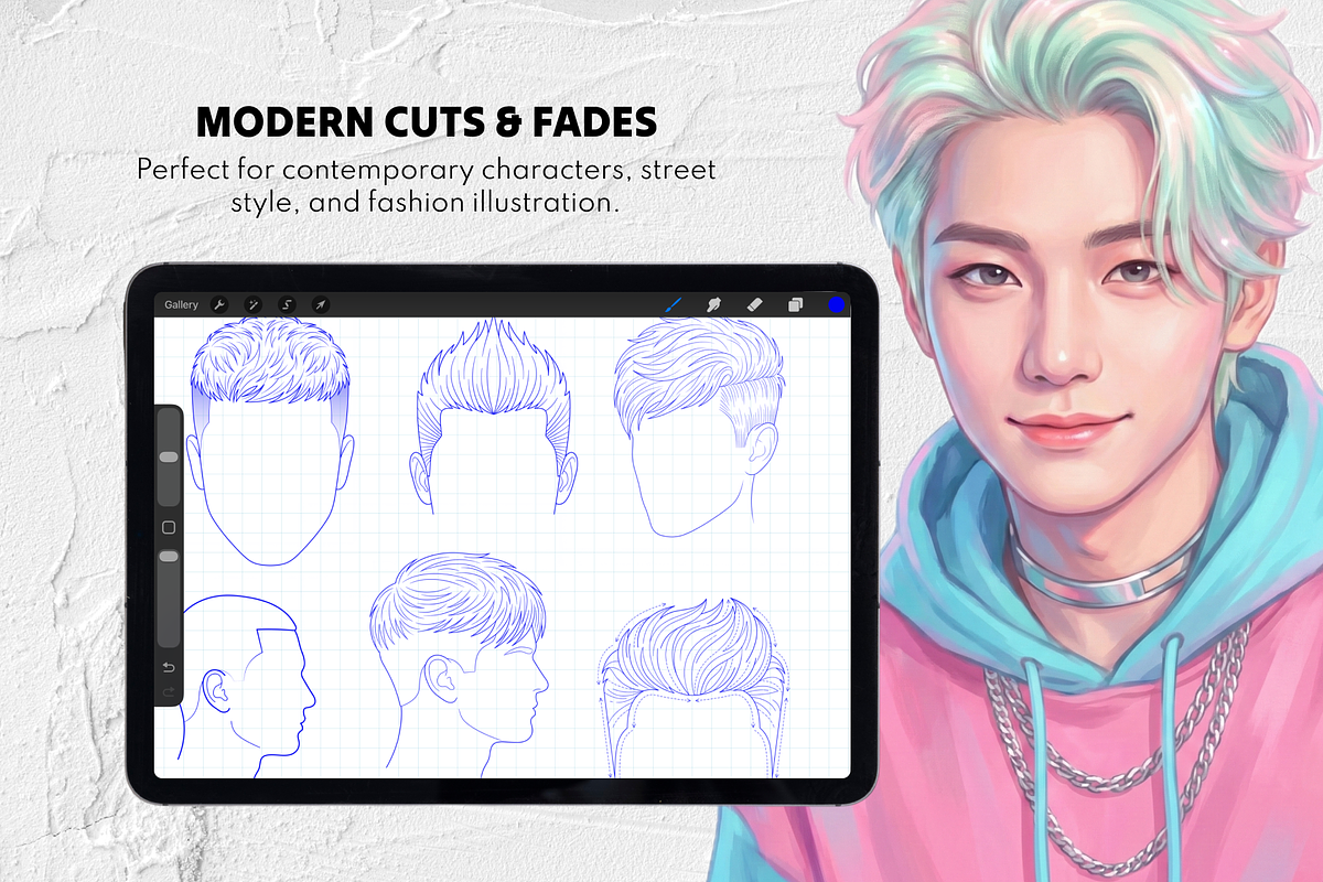 250 Male Hairstyles Procreate Stamps, a Brush Add-On by Selentaori Studio (Photo 6 of 13)