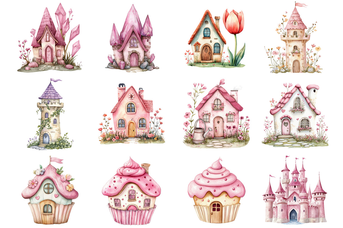 Watercolor Pink Fairy Houses Clipart, a Seasonal Illustration by CitraGraphics (Photo 2 of 5)