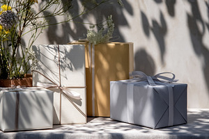 Assorted gift boxes with decorative ribbons and floral arrangeme, a Photo by Studio ANNA