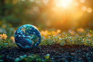Planet Earth resting on fertile soil surrounded by green plants, a Nature Photo by José Manuel Gelpi