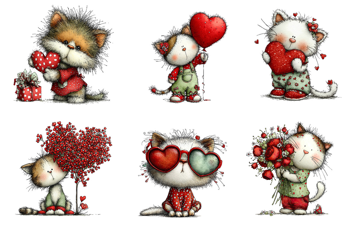 Whimsical Valentine's Cat Clipart, an Illustration by Dream Creation (Photo 4 of 7)