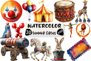 Watercolor Summer Circus Clipart, an Illustration by Black Bird Studio