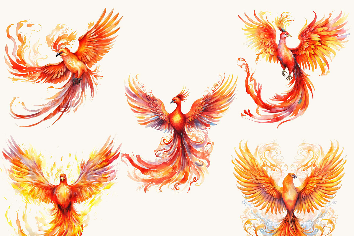 Watercolor Phoenix Clipart Bundle, an Animal Illustration by BusyDaydesign (Photo 4 of 8)