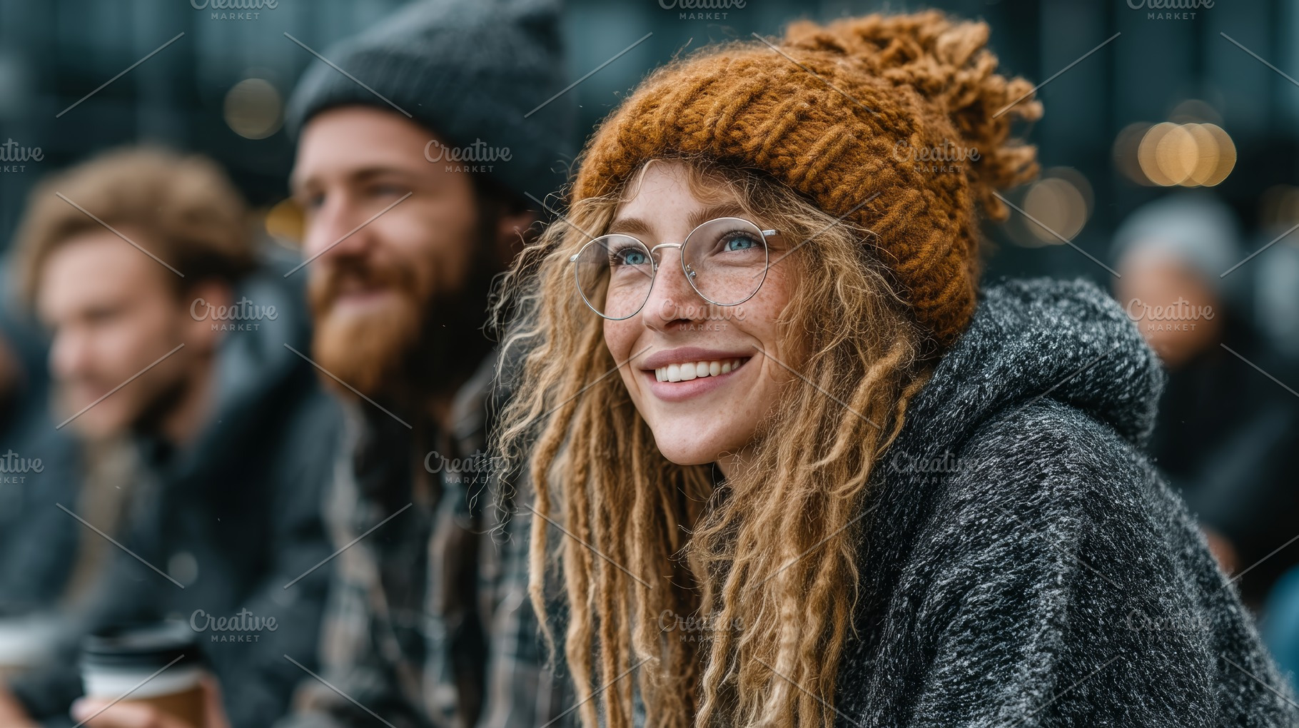 Smiling individuals enjoying outdoor time while drinking coffee during fall sea, a Photo by AS photostudio