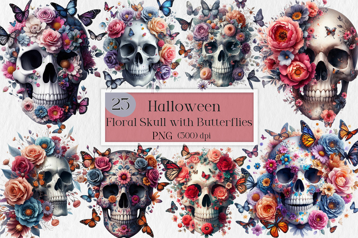 Halloween Floral Skull & Butterflies, an Illustration by Creative Art (Photo 1 of 4)