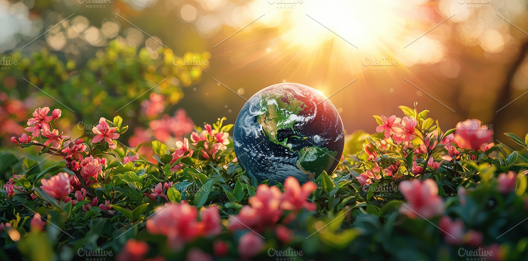 Planet Earth surrounded by pink flowers in lush greenery under w, a Nature Photo by José Manuel Gelpi