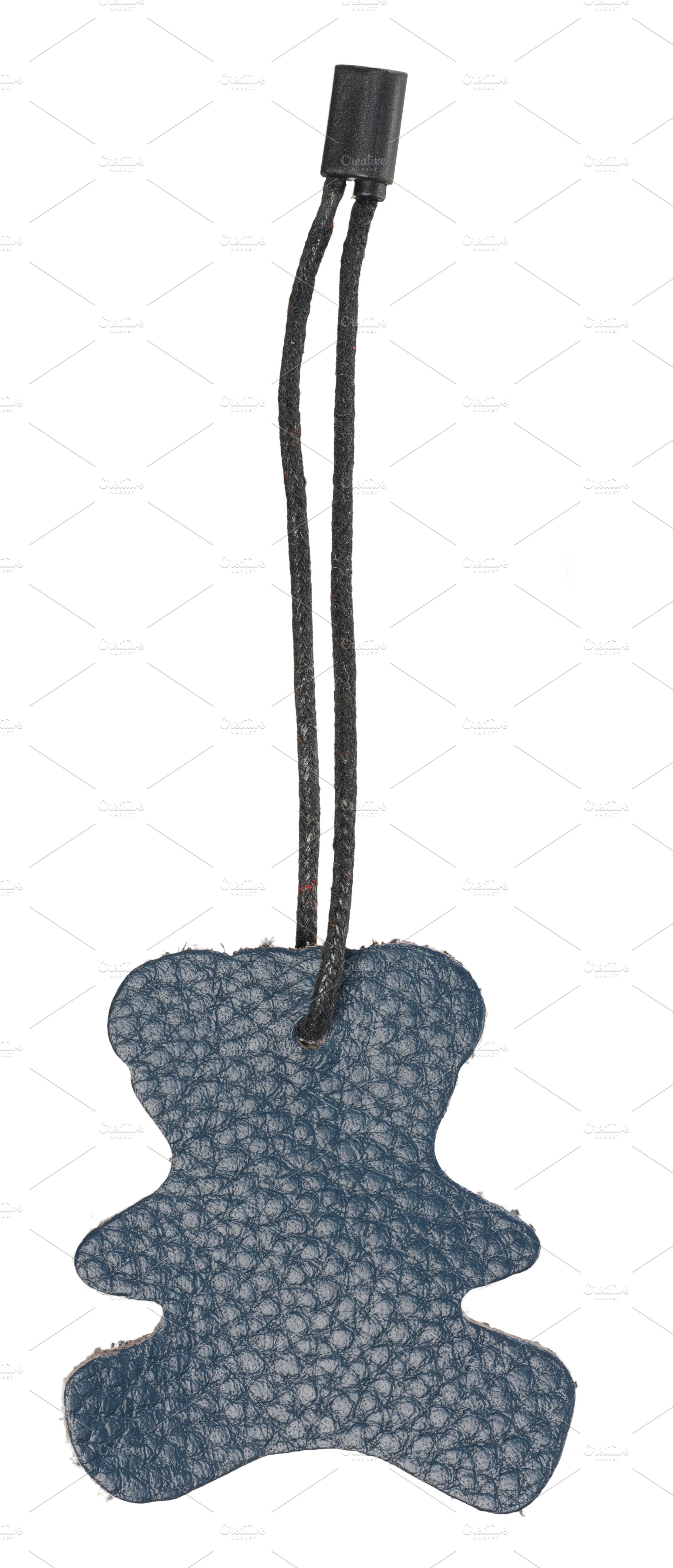 Blue suede tag or label on a black cord, isolated background., a Photo by ndanko