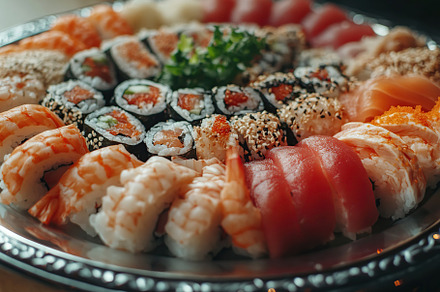 Fresh tasty sushi rolls of japanese cuisine, a Food & Drink Photo by AlyaAnd