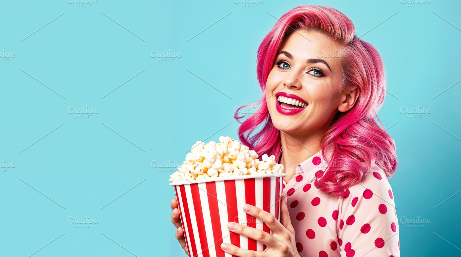 Woman with pink hair and popcorn, a Person Photo by Bunny's Little Shop