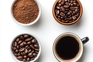 Coffee beans ground coffee and brewe, a Food & Drink Photo by Pixeness Studio