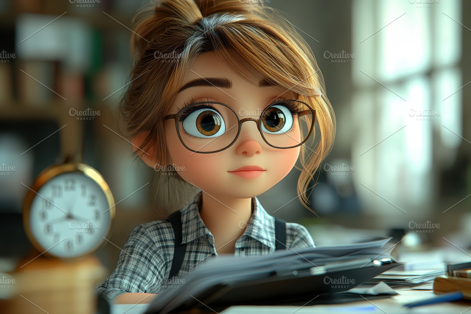Young woman with glasses studies at, a Photo by Tanuart
