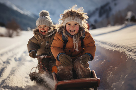 Happy Children Enjoying a Fun Sled Ride on a Winter Day in the Snowy Mountains, a Photo by AS photostudio