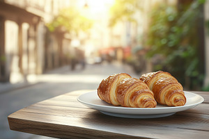 Freshly baked croissants on a white ceramic plate in a sunny outdoor cafe setti, a Food & Drink Photo by AlyaAnd