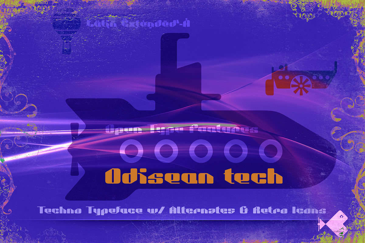 Odisean Tech -Retro font w/ 28 icons, a Sans Serif Font by deFharo (Photo 3 of 4)