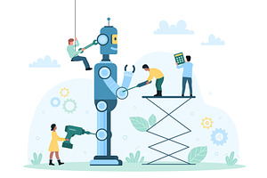 Assembling machines and program, AI, an Illustration by Flashvector