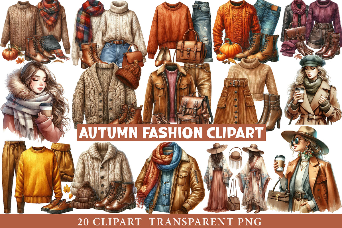 Watercolor Autumn Fashion Clipart, an Illustration by cherrydesign (Photo 1 of 3)