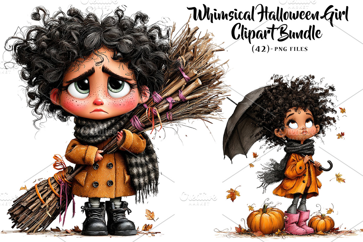 Whimsical Halloween Girl Clipart, a Seasonal Illustration by CreationArt (Photo 1 of 5)