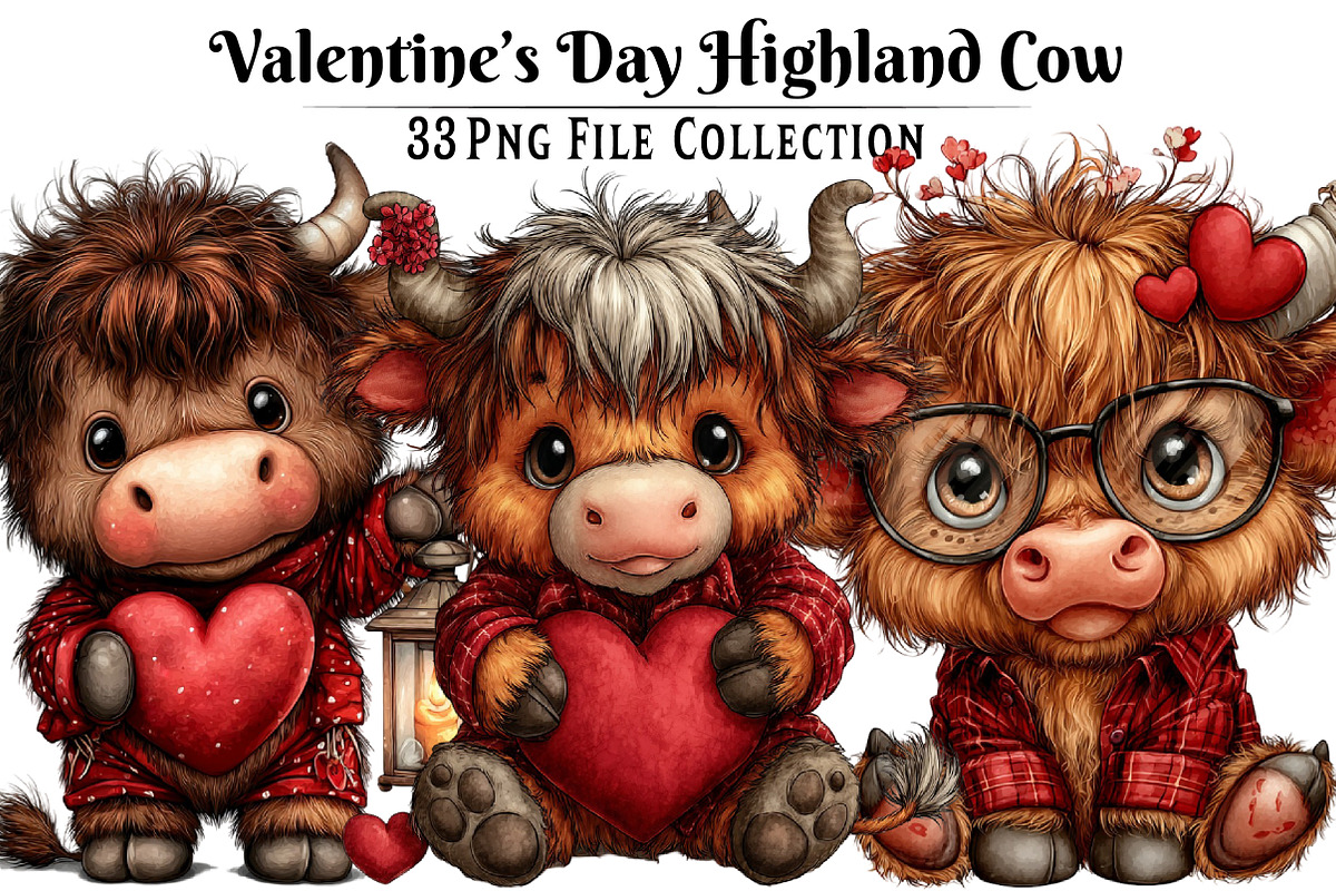 Valentine’s Day Highland Cow Clipart, an Illustration by Dream Creation (Photo 1 of 8)