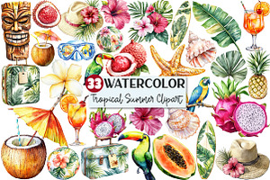 Watercolor Tropical Summer Clipart, an Illustration by Rose Art