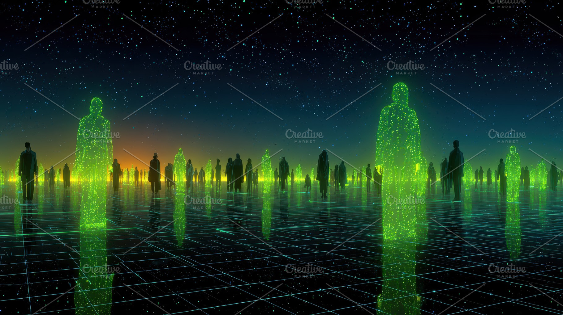 Glowing figures on a digital grid un, a Photo by Pixeness Studio