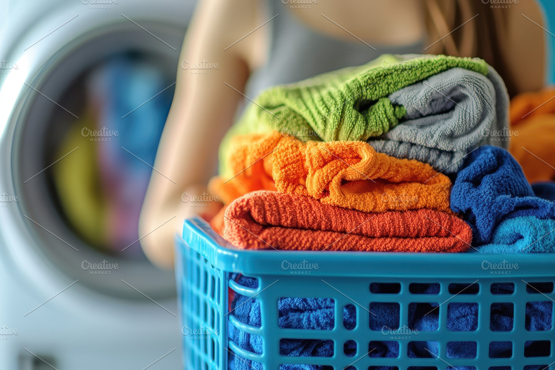 Woman folding freshly cleaned laundr, a Photo by Pavel_design