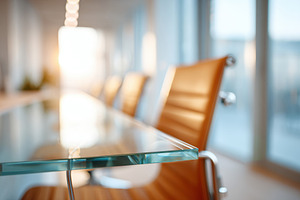 Modern conference room with glass table and leather chairs, a Business Photo by AlyaAnd
