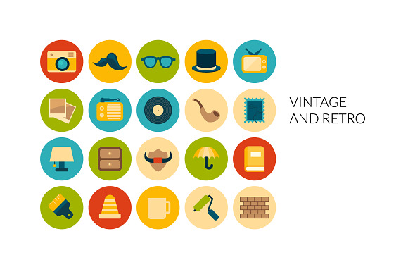 Flat Icons Set Vintage And Retro